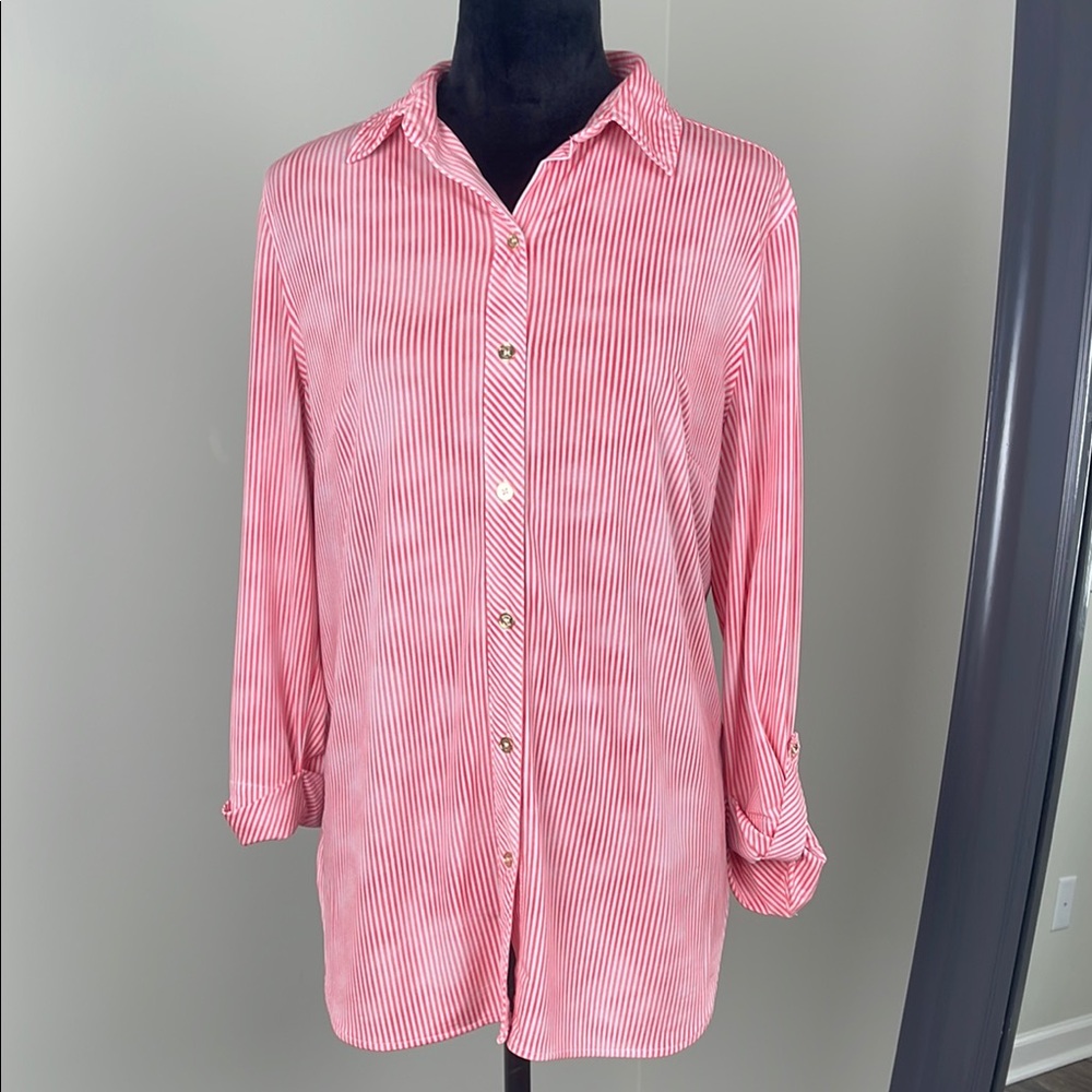 Nygard Red and White Striped Button-Up Top Ladies Size M